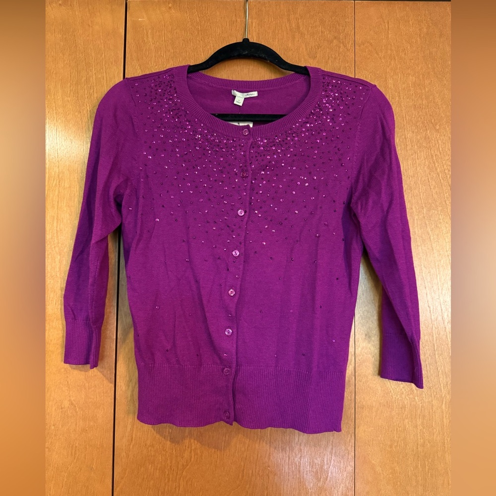 Halogen Beaded Sequin Button-Up 3/4 Sleeve Cardigan Sweater in Purple